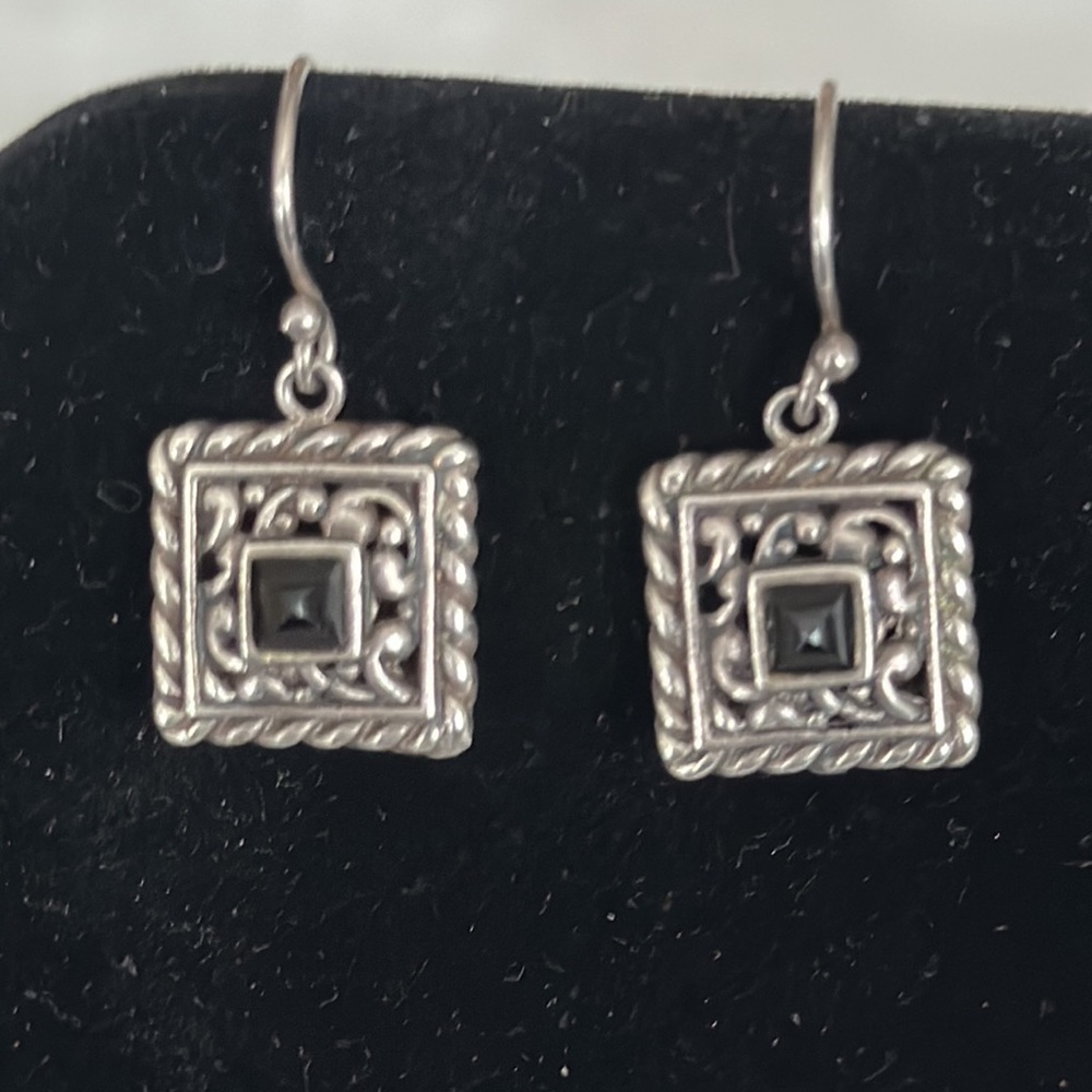 Pierced earrings sterling silver black onyx 1/2” - Picture 3 of 6